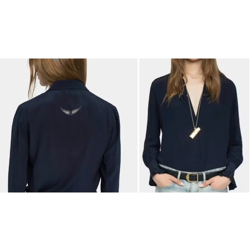 NWT Zadig & Voltaire Thely Soft Blouse Navy Blue Ruffle Cuff Wing Embroidery XS